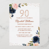 バラゴールドフォイルネイビー赤面フローラ90誕生日 箔招待状 (正面)