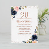 バラゴールドフォイルネイビー赤面フローラ90誕生日 箔招待状 (立ち正面)