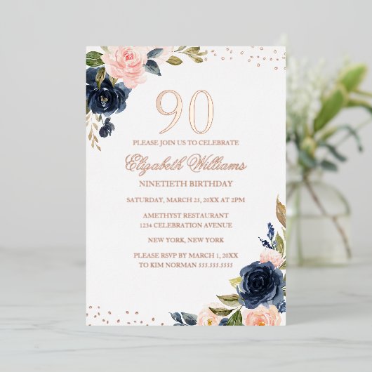 バラゴールドフォイルネイビー赤面フローラ90誕生日 箔招待状 (立ち正面)