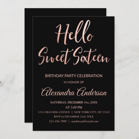 バラゴールドフォイルハロースウィート16誕生日 招待状 (正面/裏面)