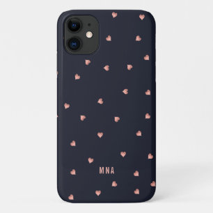 バラゴールドフォイルハートパターンネイビーブルーモノグラム iPhone 11 ケース
