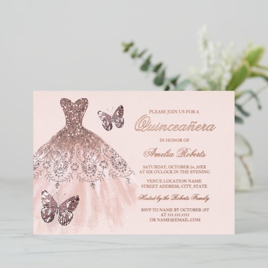 バラゴールドフォイルバタフライドレスキンセアニェラ 箔招待状 (立ち正面)