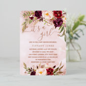 バラゴールドフォイルバーガンディ赤面フローラベビーシャワー 箔招待状 (立ち正面)