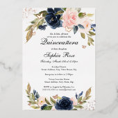 バラゴールドフォイルピンクネイビーフローラキンセアニェラ 箔招待状 (正面)