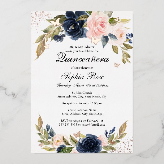 バラゴールドフォイルピンクネイビーフローラキンセアニェラ 箔招待状 (正面)