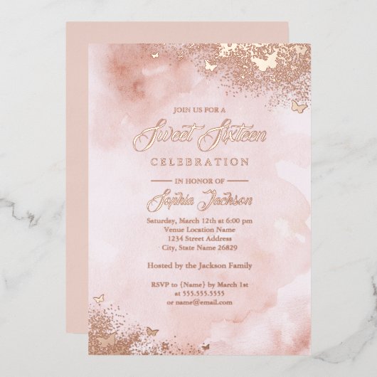 バラゴールドフォイルピンクピーチバタフライSweet sixteen 箔招待状 (正面/裏面)