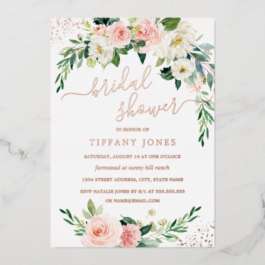 バラゴールドフォイルピンクフローラブライダルシャワーフォイルInv 箔招待状 (正面)