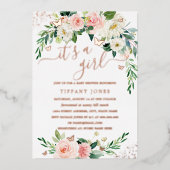 バラゴールドフォイルピンクフローラベビーシャワー 箔招待状 (正面)