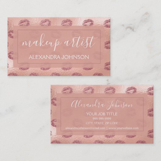 バラゴールドフォイルピンクリップメイクアップアーティスト 名刺 (正面/裏面)