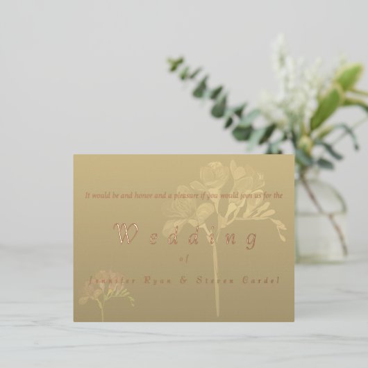 バラゴールドフォイルフレシア結婚式招待状 箔招待状ポストカード (立ち正面)