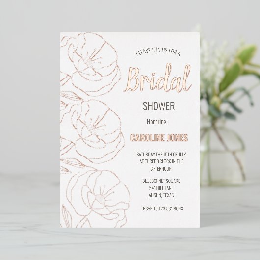 バラゴールドフォイルフローラエレガントブライダルシャワー 箔招待状 (立ち正面)