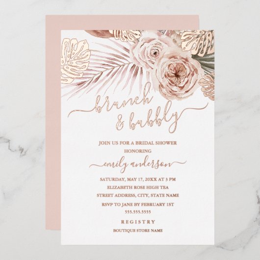 バラゴールドフォイルブランチ及び泡状ブライダルシャワー 箔招待状 (正面/裏面)