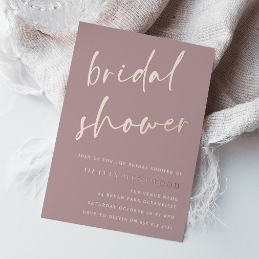 バラゴールドフォイルマウベダスティピンクローズブライダルシャワー 箔招待状