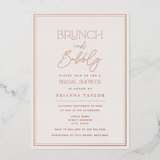 バラゴールドフォイルミニマルエレガントブライダルシャワー 箔招待状 (正面)