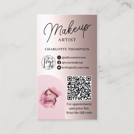 バラゴールドフォイルメークアップロゴQrコード2写真 名刺 (正面)