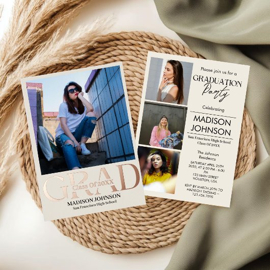 バラゴールドフォイルモダンミニマル卒業写真 箔招待状