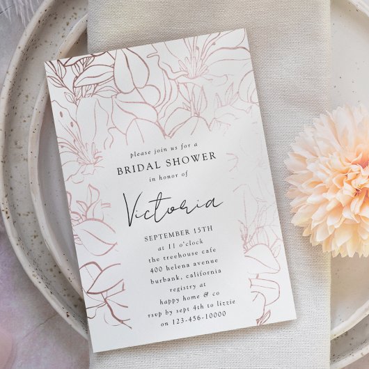 バラゴールドフォイルラインアートフローラブライダルシャワー 招待状