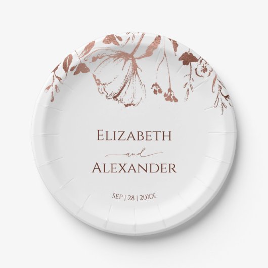 バラゴールドフォイルワイルドフラワー春の結婚式 ペーパープレート (正面)