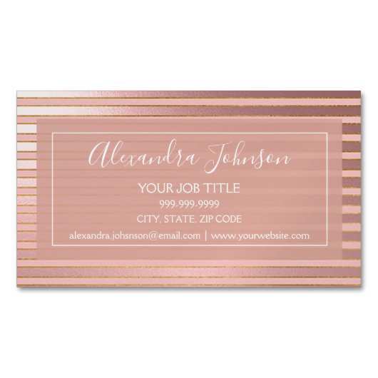 バラゴールドフォイル及びブルゴーニュストライプのプロフェッショナル マグネット名刺 (正面)