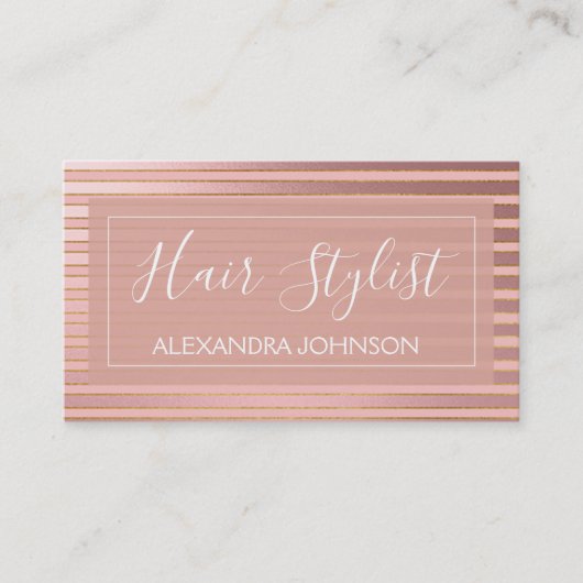 バラゴールドフォイル及びブルゴーニュストライプの美容師 名刺 (正面)