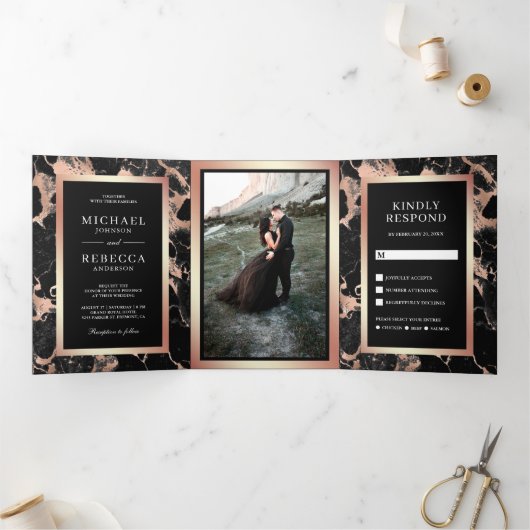 バラゴールドフォイル木炭ブラックマーブルフォト結婚ズ 三つ折り招待状 (内部)