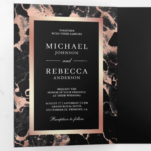 バラゴールドフォイル木炭ブラックマーブルフォト結婚ズ 三つ折り招待状 (内部最初)
