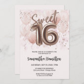 バラゴールドフォイル甘い16日風船パーティーピンク 招待状 (正面/裏面)