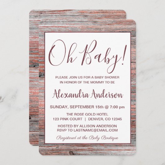 バラゴールドフォイル素朴ウッド – Ohベビーシャワー 招待状 (正面/裏面)