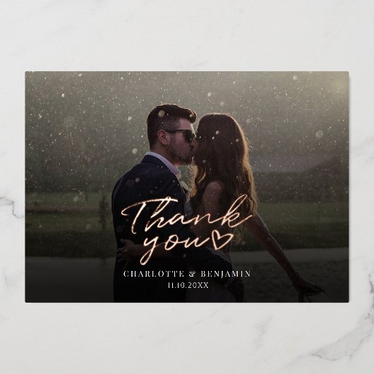 バラゴールドフォイル結婚スクリプトの写真サンキューカード 箔招待状 (正面)