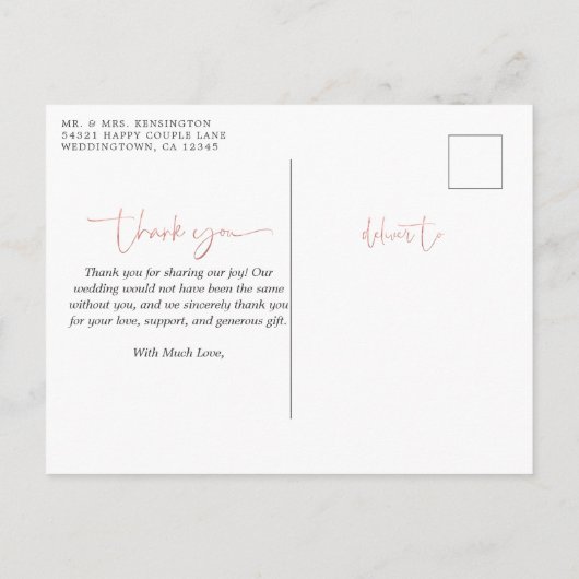 バラゴールドフォイル結婚スクリプト写真ありがとう ポストカード (裏面)