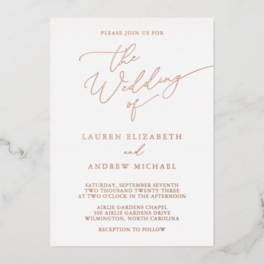 バラゴールドフォイル結婚ミニマリスト招待状 箔招待状 (正面)