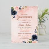 バラゴールドフォイル赤面ネイビーフローラティアラキンセアニェラ 箔招待状 (立ち正面)