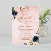 バラゴールドフォイル赤面ネイビーフローラティアラスイート16 箔招待状 (立ち正面)