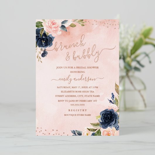 バラゴールドフォイル赤面ネイビーフローラブランチと泡立ち 箔招待状 (立ち正面)