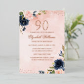 バラゴールドフォイル赤面ネイビーフローラ90誕生日 箔招待状 (立ち正面)