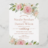 バラゴールドフォイル赤面ピンクフローラ結婚ズ 箔招待状 (正面)