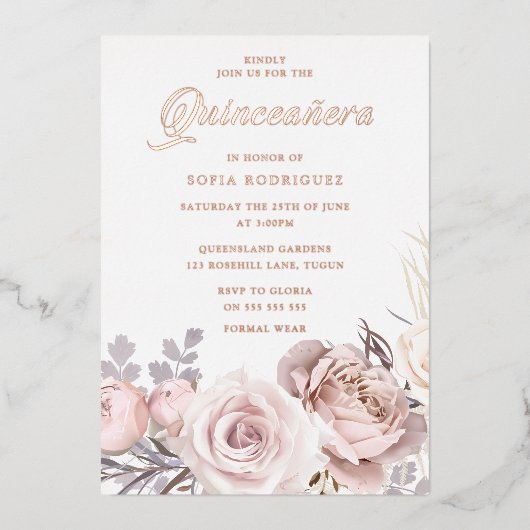 バラゴールドフォイル赤面フラワーズキンセアニェラパーティー 箔招待状 (正面)