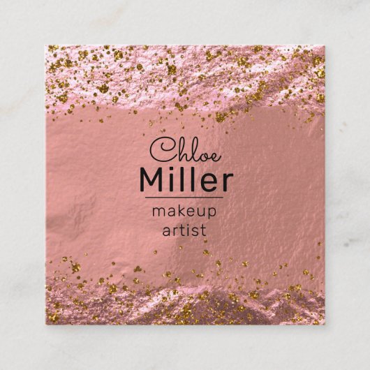 バラゴールドフォイル輝くグラムスタイリッシュメイクアップアーティスト スクエア名刺 (正面)