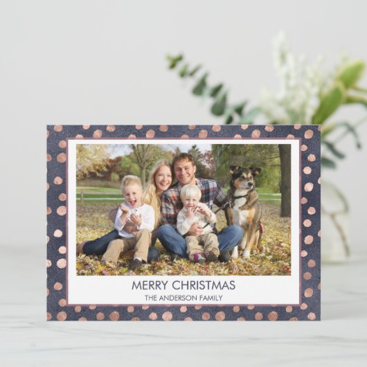バラゴールドフォイル – ネイビーブルークリスマスファミリーフォト シーズンカード (スタンド正面)