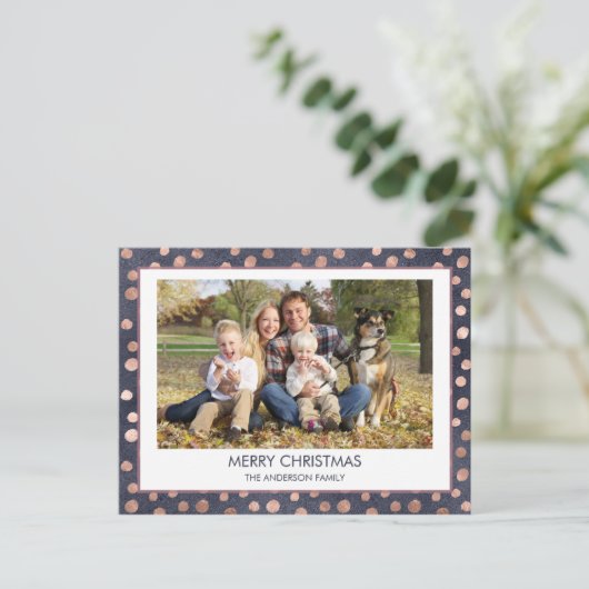 バラゴールドフォイル – ネイビーブルークリスマスファミリーフォト シーズンポストカード (スタンド正面)