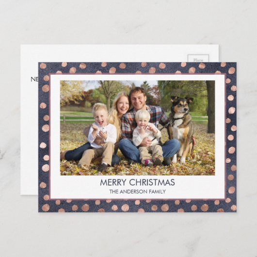 バラゴールドフォイル – ネイビーブルークリスマスファミリーフォト シーズンポストカード (正面/裏面)