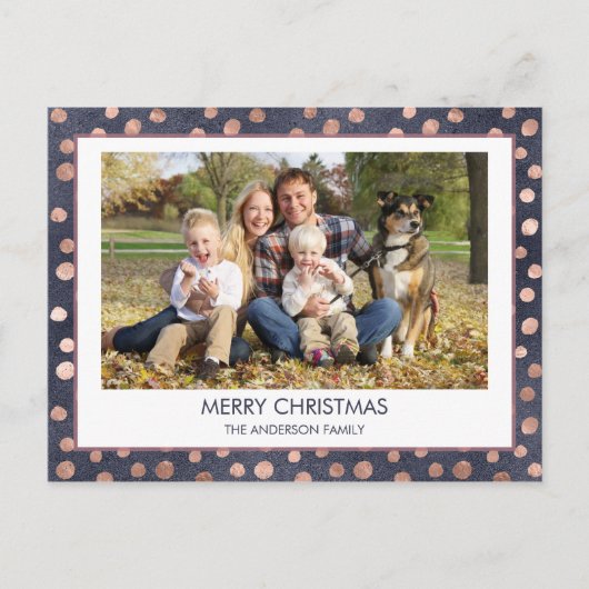 バラゴールドフォイル – ネイビーブルークリスマスファミリーフォト シーズンポストカード (正面)