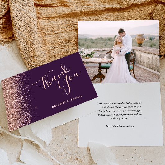 バラゴールドラメ入りパープルの結婚式のお礼 カード