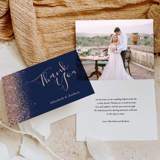 バラゴールド+ネイビーブルーの結婚式の御礼 カード