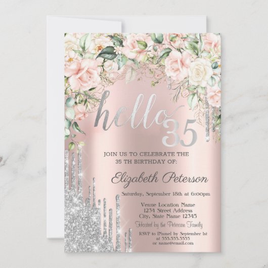 バラシルバーグリッタードリップバラ金ゴールド35誕生日 招待状 (正面)