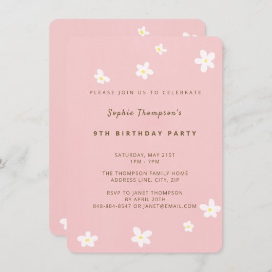 バラシンプルダスティかわいいデイジーガールバースデーパーティー 招待状 (正面/裏面)
