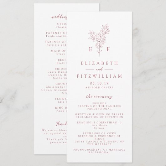 バラシンプルピンクさくらんぼブロッサムモノグラム結婚ズ プログラム (正面/裏面)