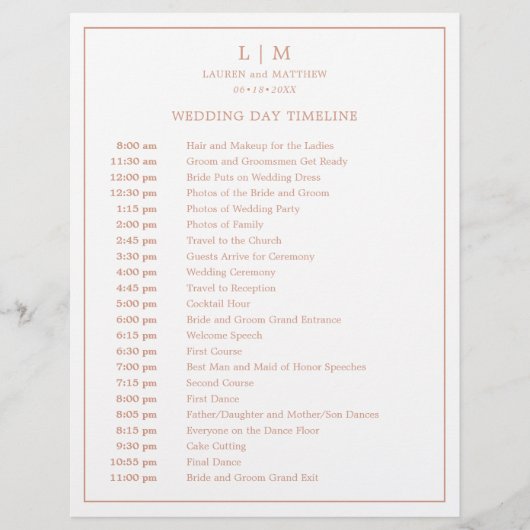 バラシンプルピンクモノグラムエレガントなウェディングタイムライン (正面)