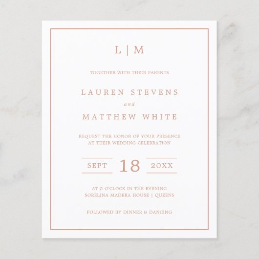 バラシンプルピンクモノグラムバジェットウェディング招待 (正面)