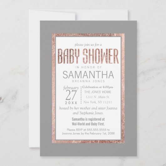バラシンプル金ゴールドフレーム石板グレーベビーシャワー 招待状 (正面)